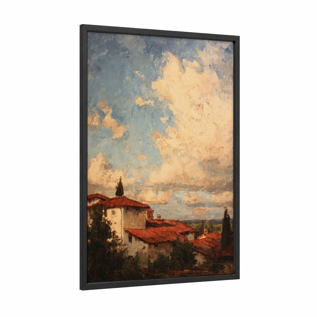 Tuscan Morning framed morning sky print — black wood frame — cream and dove gray palette