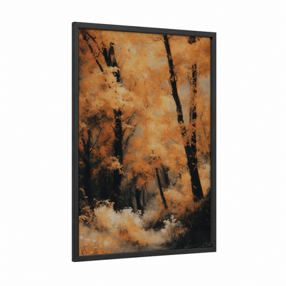 Golden Maple Forest framed art print — black wood frame — gold and orange palette
