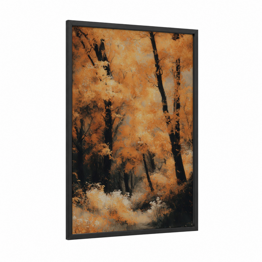 Golden Maple Forest framed art print — black wood frame — gold and orange palette