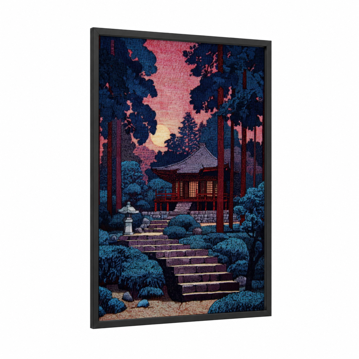 Twilight Temple Garden framed art print — black wood frame — royal blue and salmon pink palette