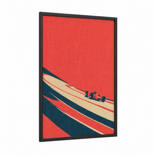 Crimson Speed Racer framed auto racing print — black wood frame — red and black and gold palette