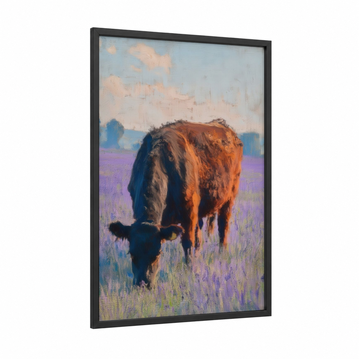 Lavender Grazer framed angus cow print — black wood frame — purple and gold palette