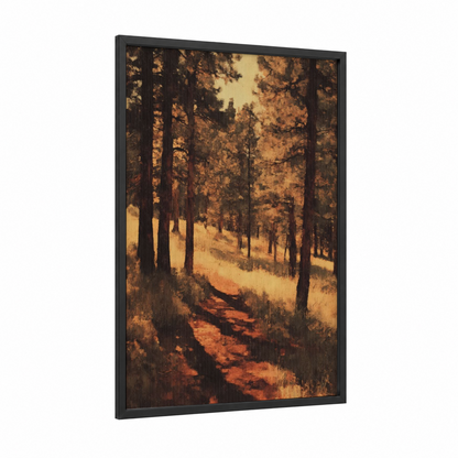 Golden Pine Forest framed art print — black wood frame — gold and brown palette