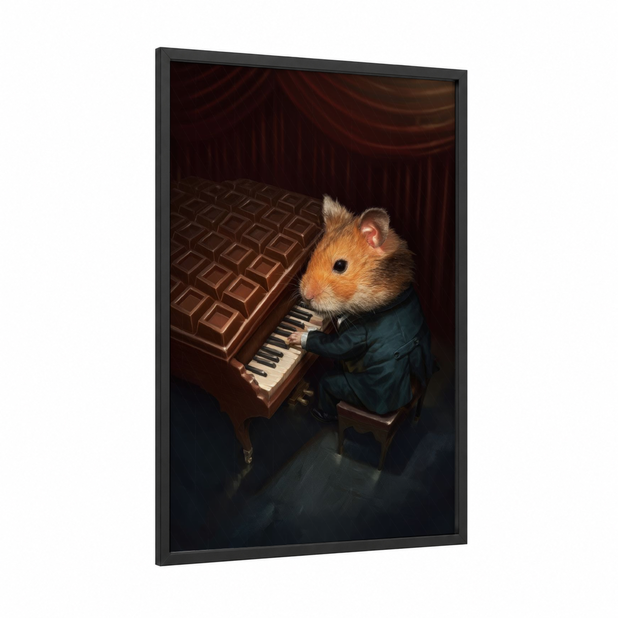 Concert Hamster framed art print — black wood frame — maroon and gold palette