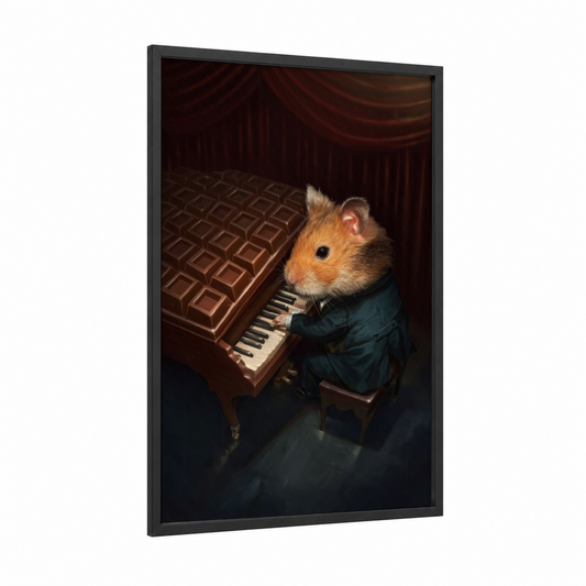 Concert Hamster framed art print — black wood frame — maroon and gold palette