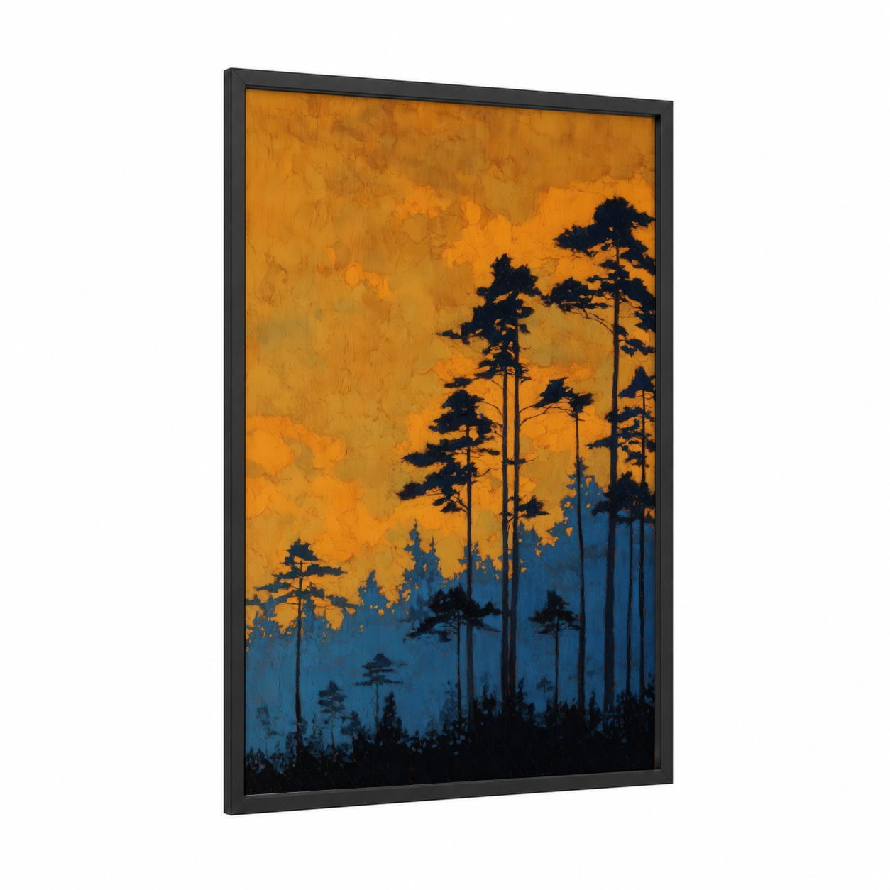 Golden Sunset Forest framed cedar forest print — black wood frame — pumpkin and blue palette