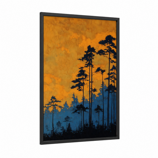 Golden Sunset Forest framed cedar forest print — black wood frame — pumpkin and blue palette