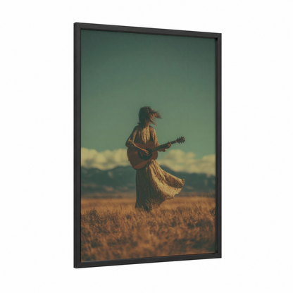 Golden Hour Musician framed country print — black wood frame — gold and teal palette