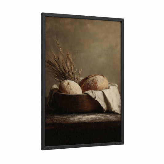 Artisan Bread Still Life framed kitchen utensils print — black wood frame — beige and brown palette