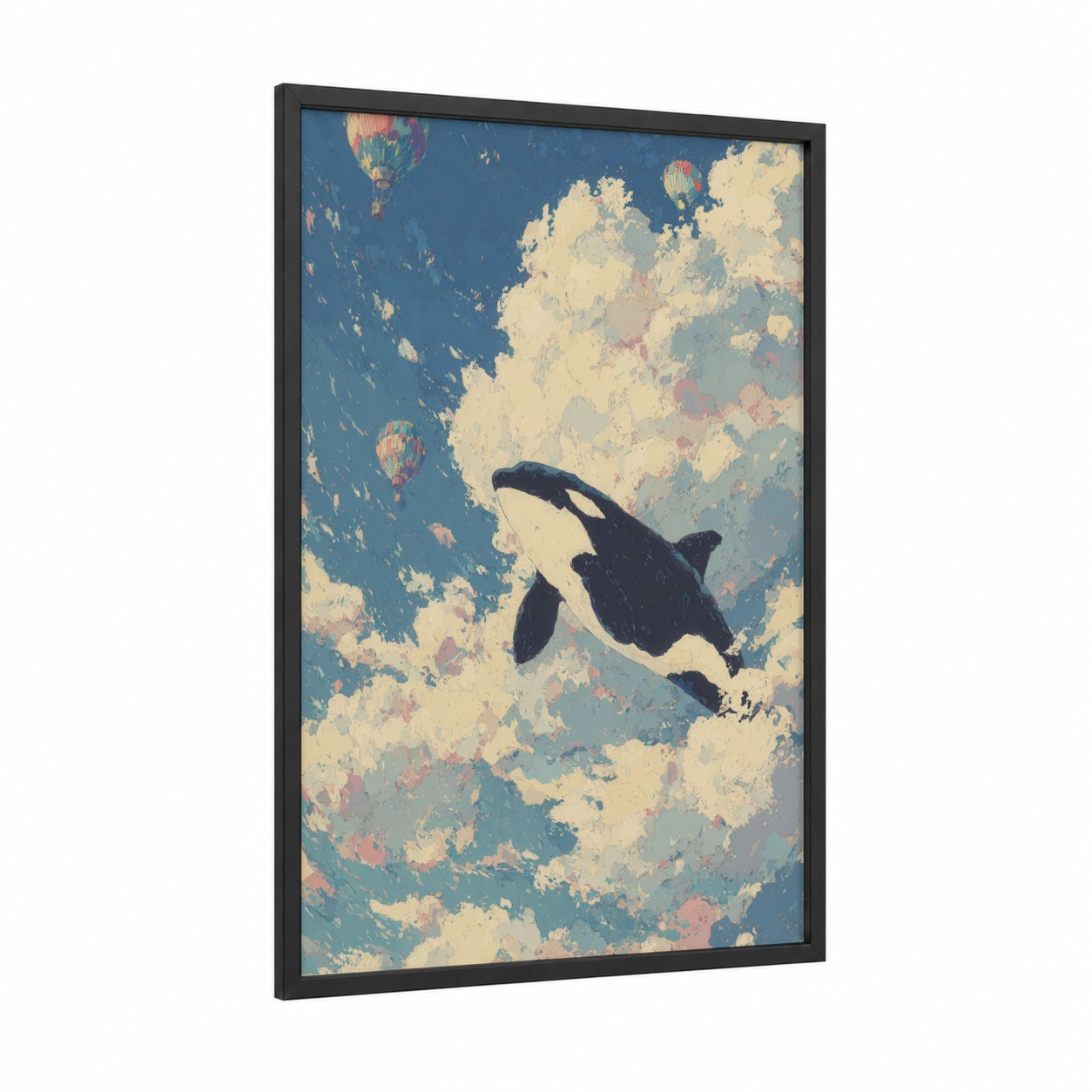 Dreaming Orca framed orca whale print — black wood frame — blue and cream palette