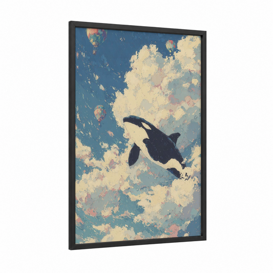Dreaming Orca framed orca whale print — black wood frame — blue and cream palette