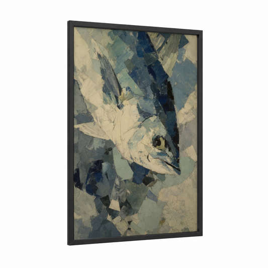 Azure Tuna Study framed art print — black wood frame — blue and cream palette