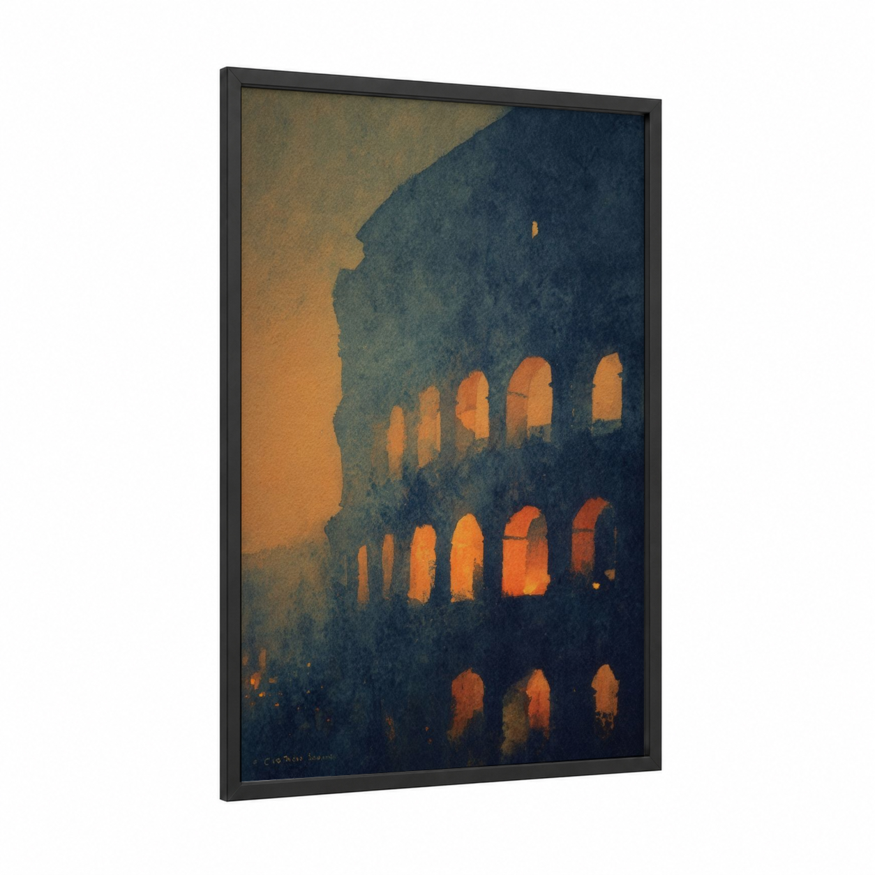 Colosseum Dusk framed art print — black wood frame — gold and dark blue palette