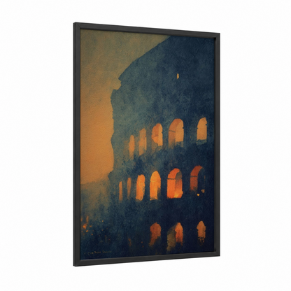 Colosseum Dusk framed art print — black wood frame — gold and dark blue palette