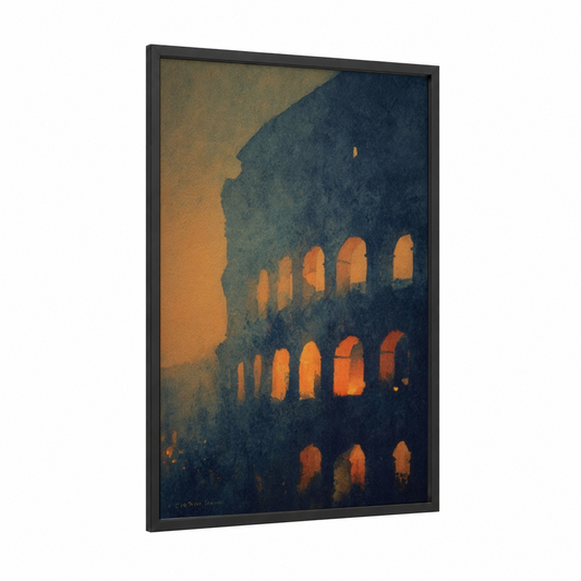 Colosseum Dusk framed art print — black wood frame — gold and dark blue palette