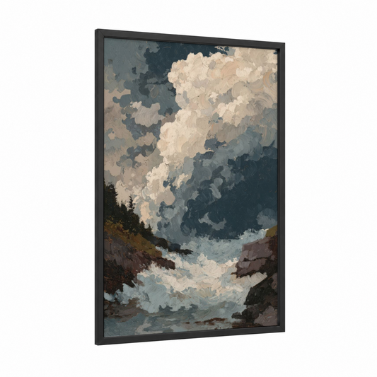 Dramatic Tornado Sky framed art print — black wood frame — dove gray and cream palette