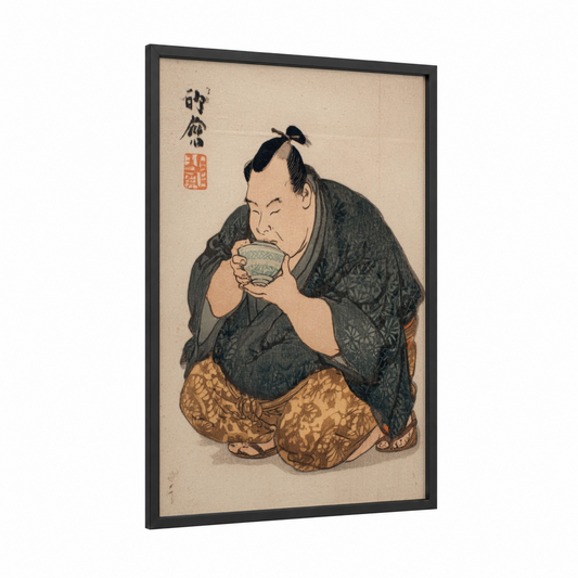 Tea Drinker Portrait framed art print — black wood frame — black and gold palette