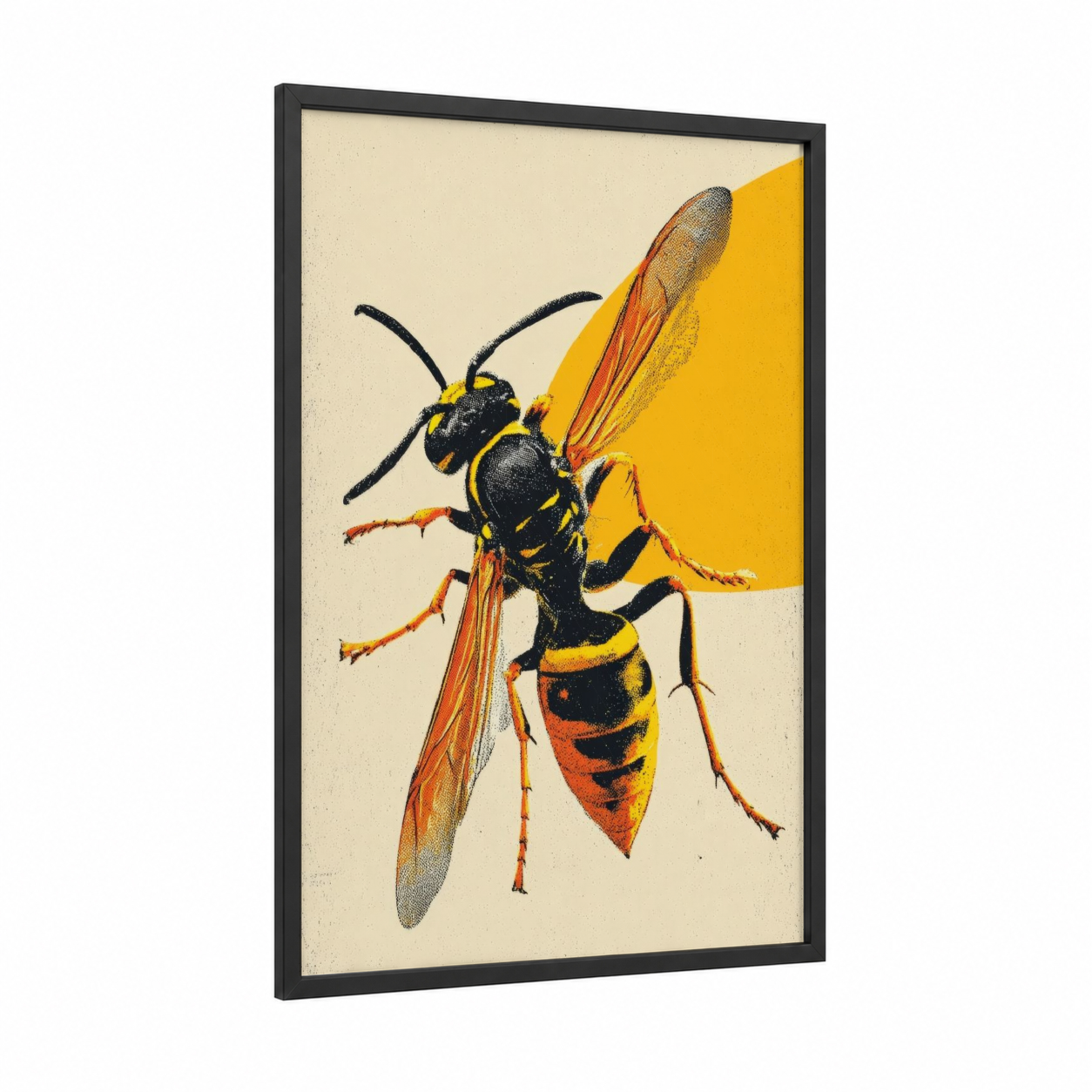 Golden Wasp framed art print — black wood frame — gold and black palette