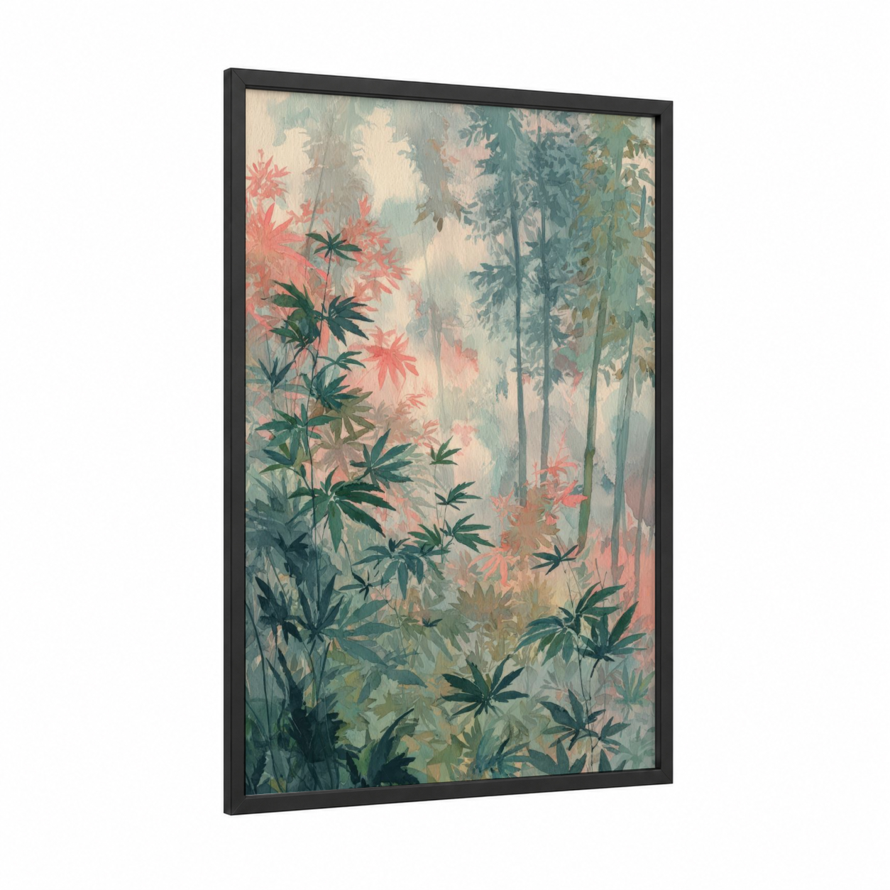 Misty Cannabis Garden framed art print — black wood frame — sage green and salmon pink palette