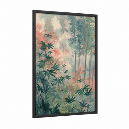 Misty Cannabis Garden framed art print — black wood frame — sage green and salmon pink palette