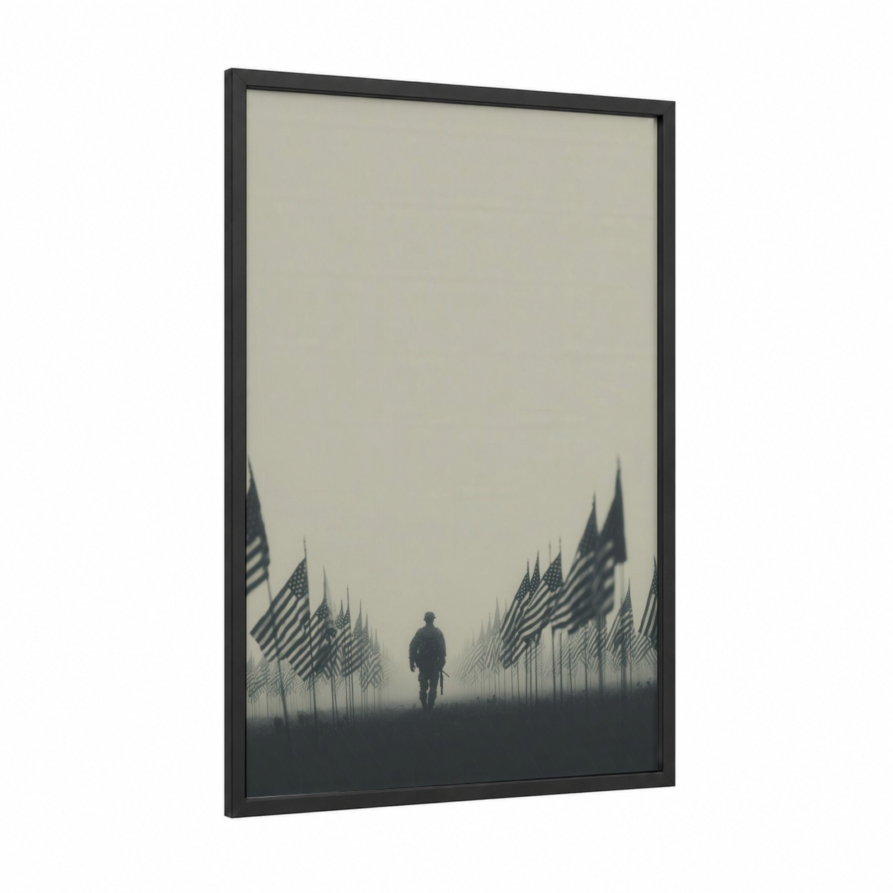 Solemn Remembrance framed veterans day print — black wood frame — black and white and dove gray palette