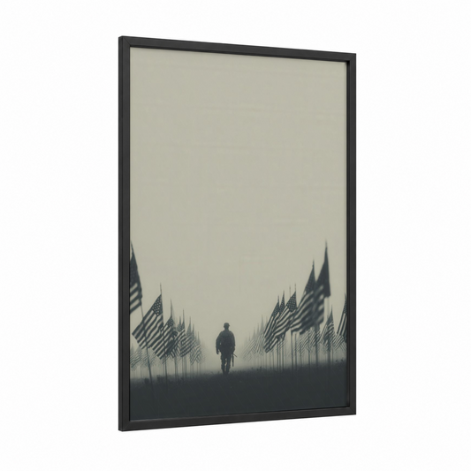 Solemn Remembrance framed veterans day print — black wood frame — black and white and dove gray palette