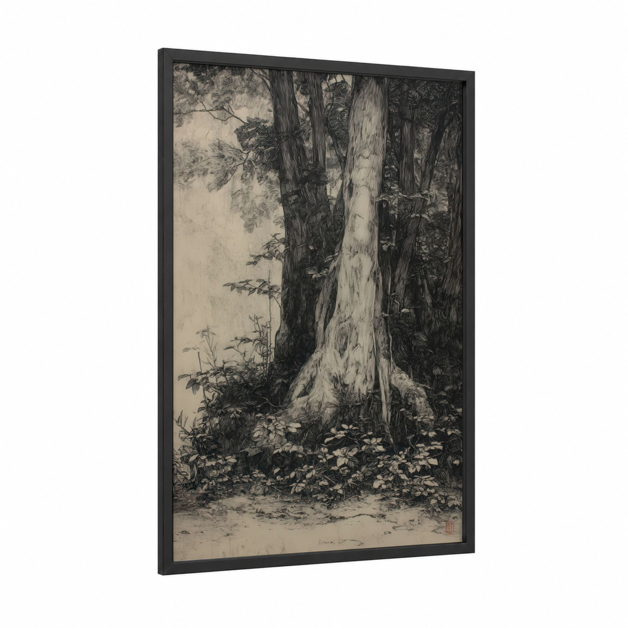 Ancient Banyan framed banyan tree print — black wood frame — black and white palette