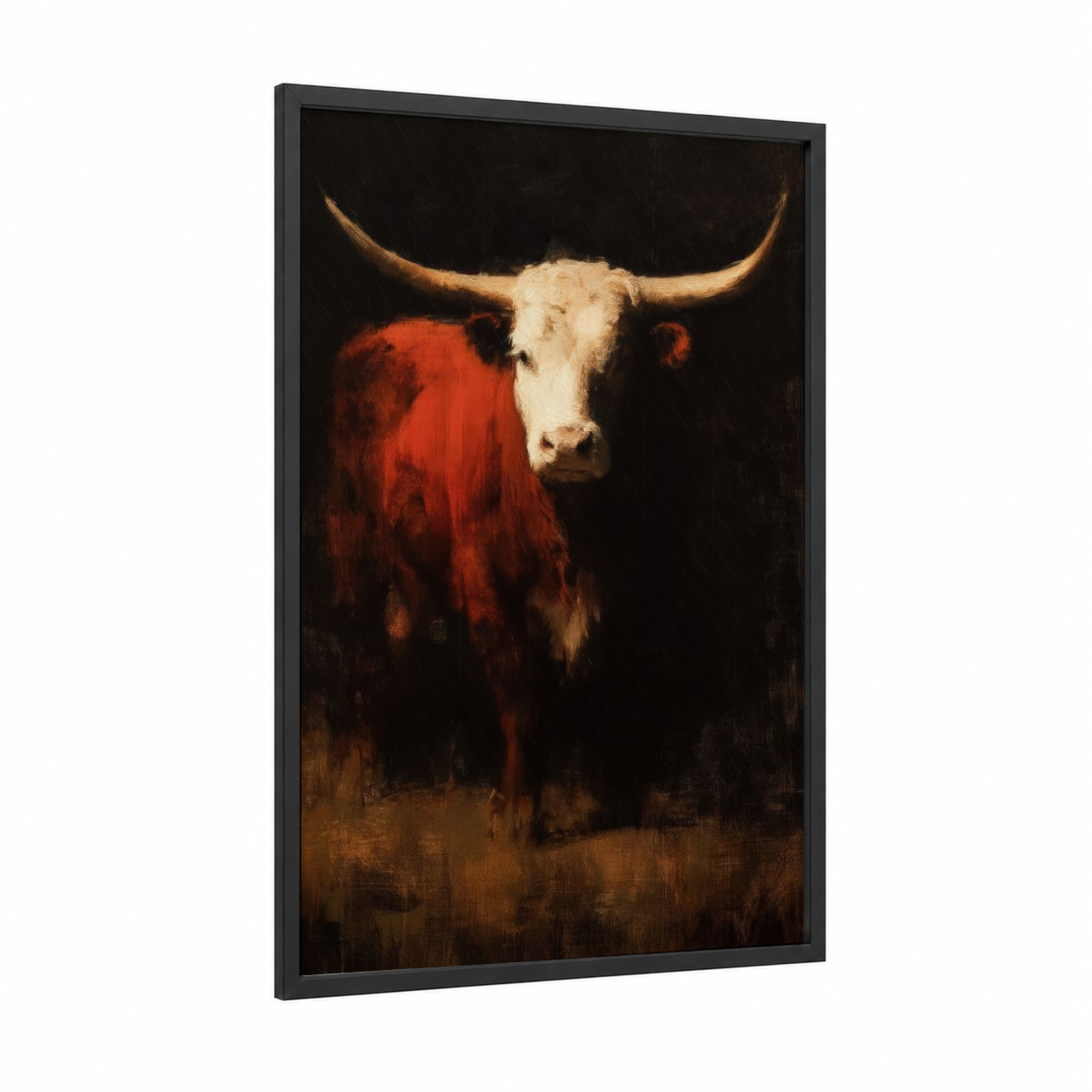 Crimson Longhorn framed hereford cow print — black wood frame — red and cream palette