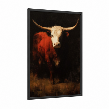 Crimson Longhorn framed hereford cow print — black wood frame — red and cream palette