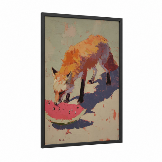 Watermelon Fox framed art print — black wood frame — orange and purple palette