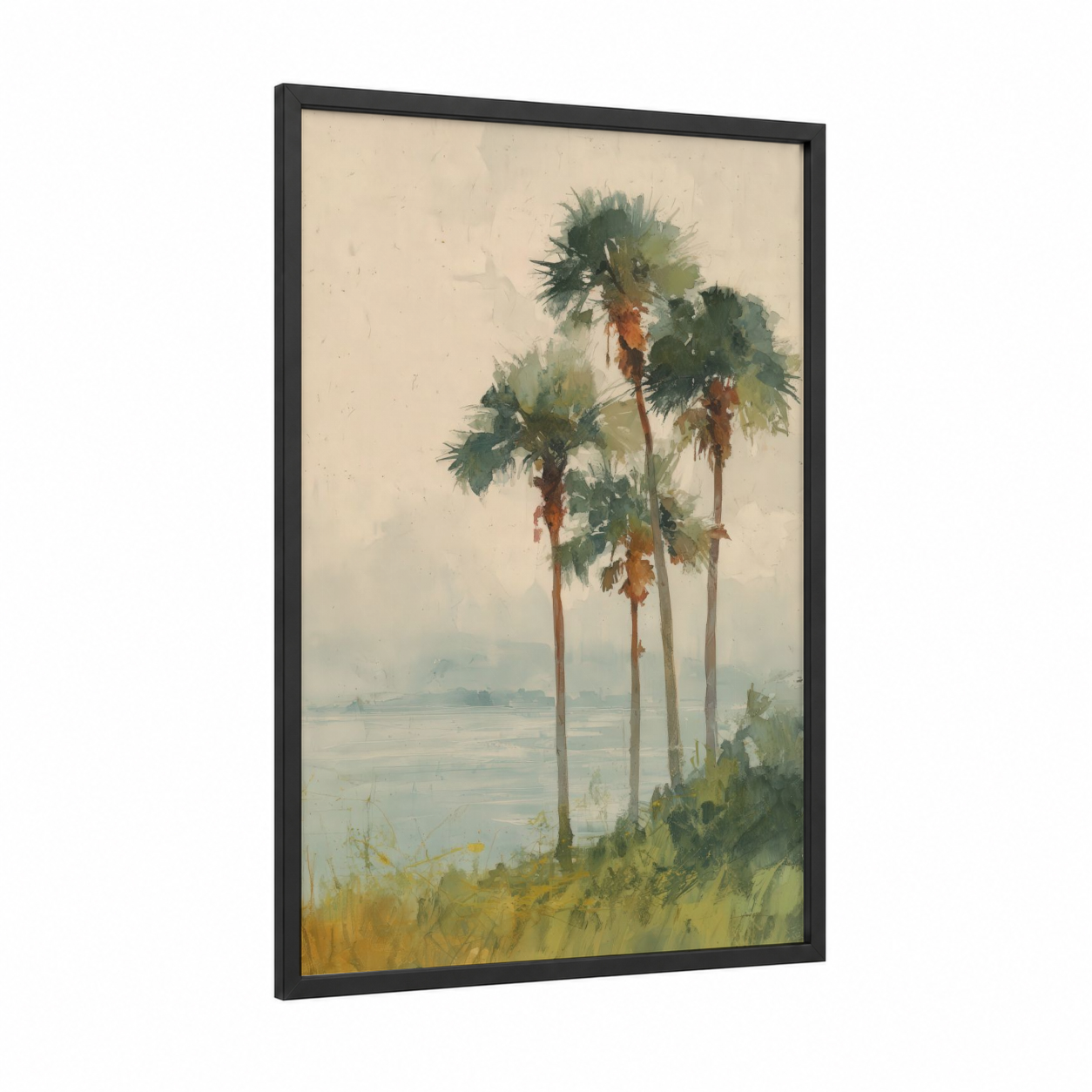 Lakeside Palm Trees framed tropical trees print — black wood frame — cream and sage green palette