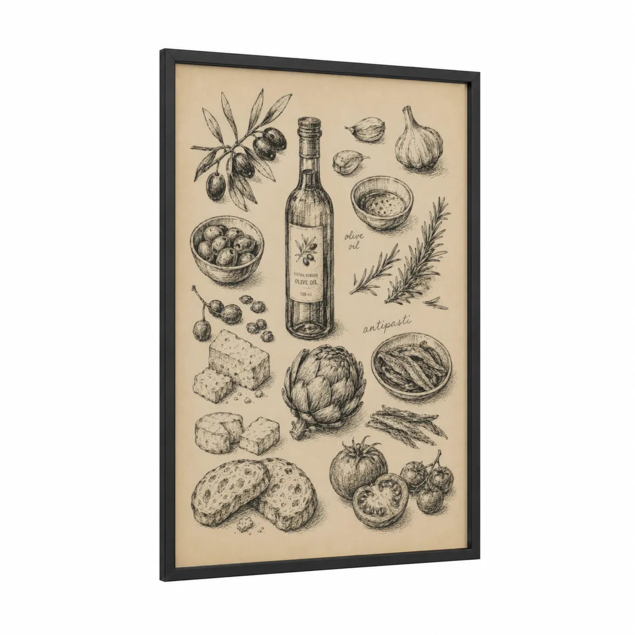 Mediterranean Olive Oil Botanical Kitchen Wall Art framed olive tree print — black wood frame — beige and cream palette