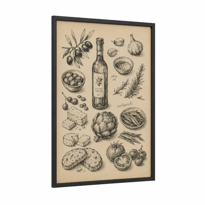 Mediterranean Olive Oil Botanical Kitchen Wall Art framed olive tree print — black wood frame — beige and cream palette