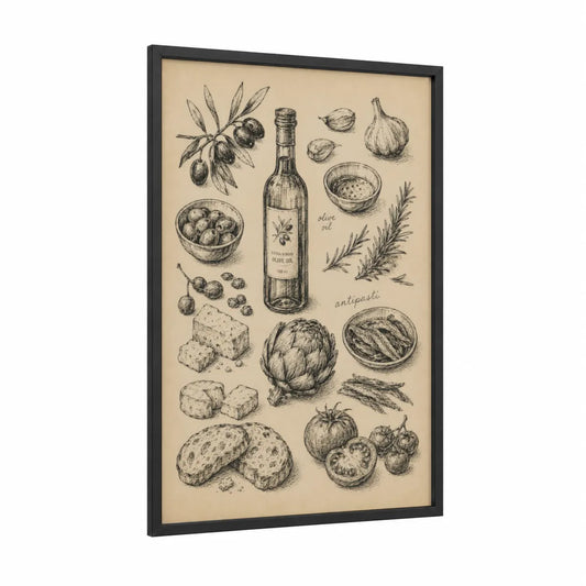 Mediterranean Olive Oil Botanical Kitchen Wall Art framed olive tree print — black wood frame — beige and cream palette
