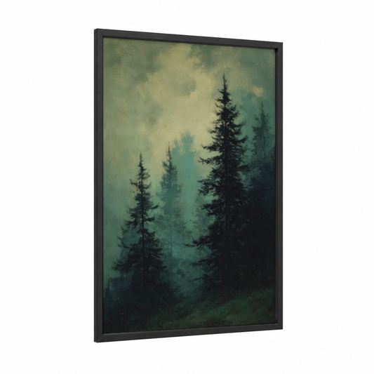 Misty Cedar Forest framed art print — black wood frame — teal and cream palette