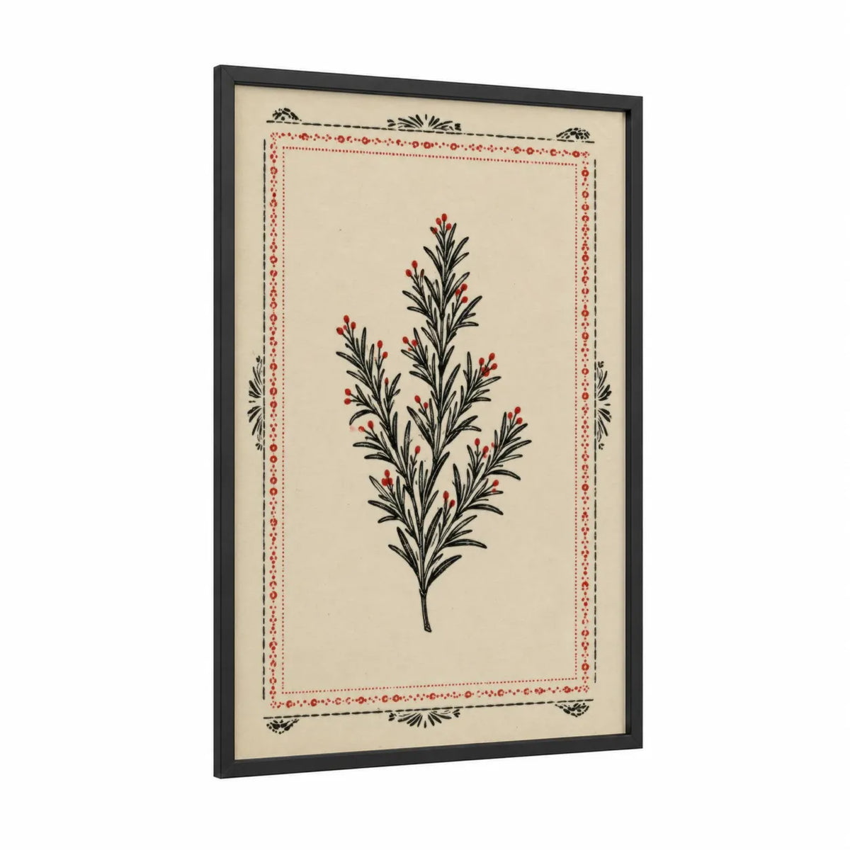 Vintage Herb Botanical Wall Art framed plant print — black wood frame — beige and red palette