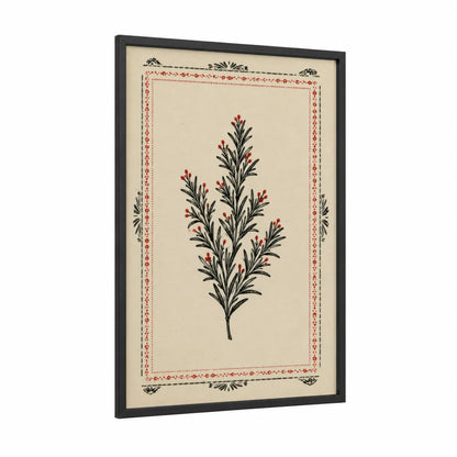 Vintage Herb Botanical Wall Art framed plant print — black wood frame — beige and red palette
