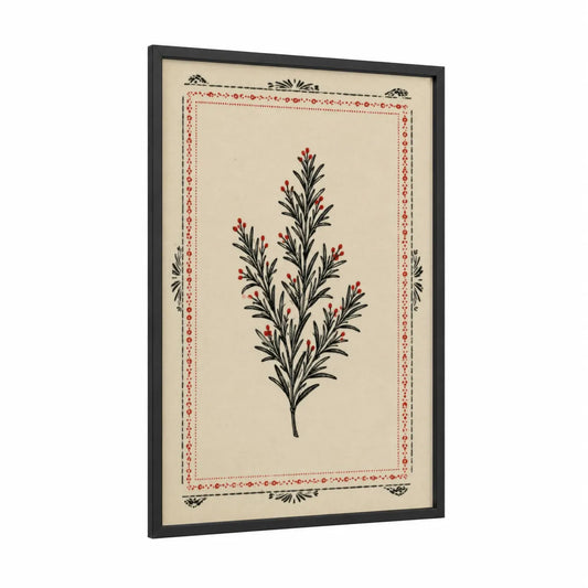Vintage Herb Botanical Wall Art framed plant print — black wood frame — beige and red palette