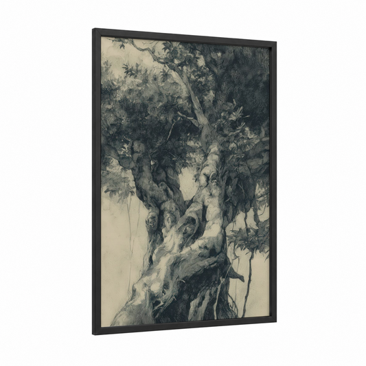 Ancient Tropical Tree framed tropical trees print — black wood frame — black and white and cream palette