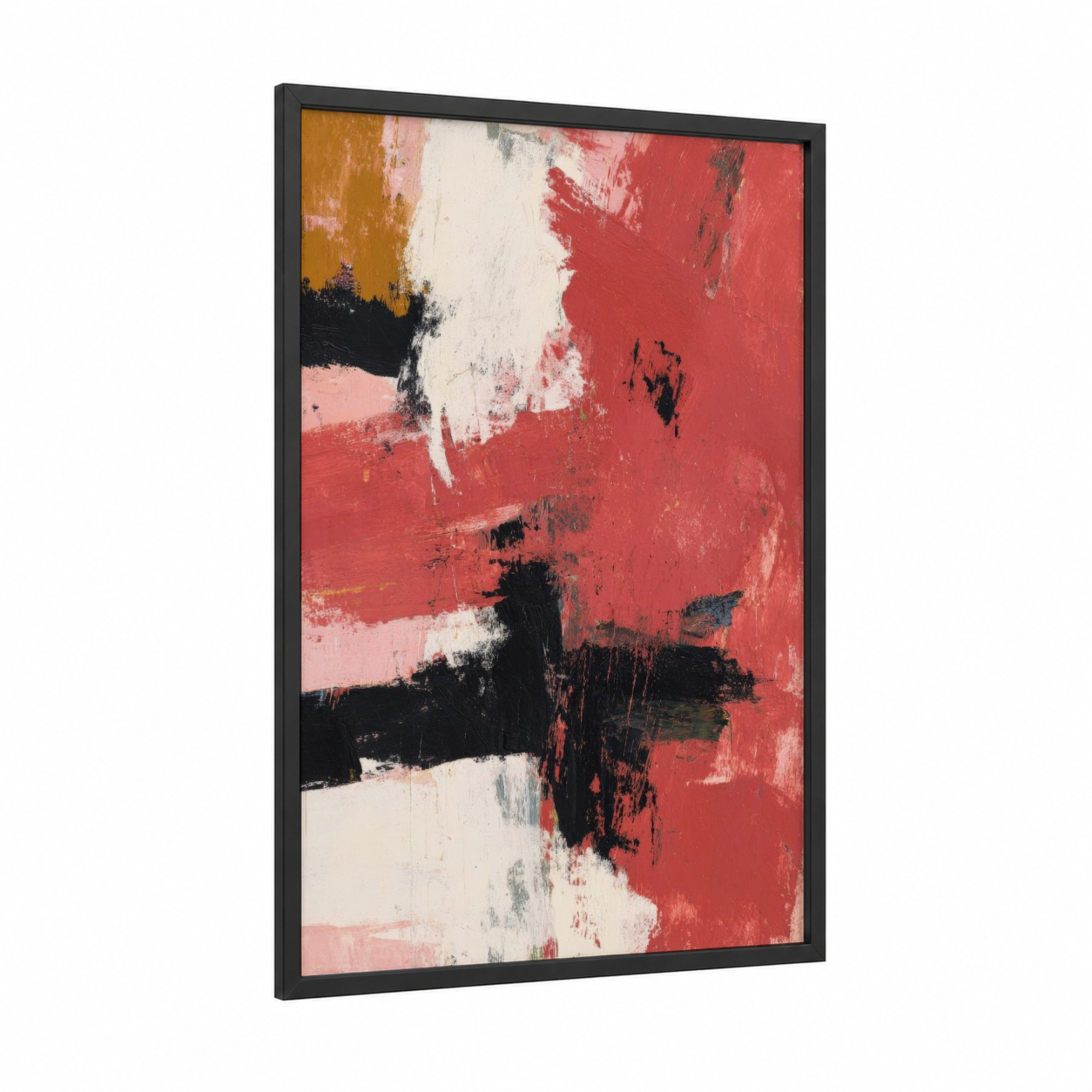 Crimson Collision framed abstract expressionism print — black wood frame — red and black and white palette