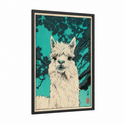 Turquoise Alpaca framed art print — black wood frame — turquoise and black and white palette
