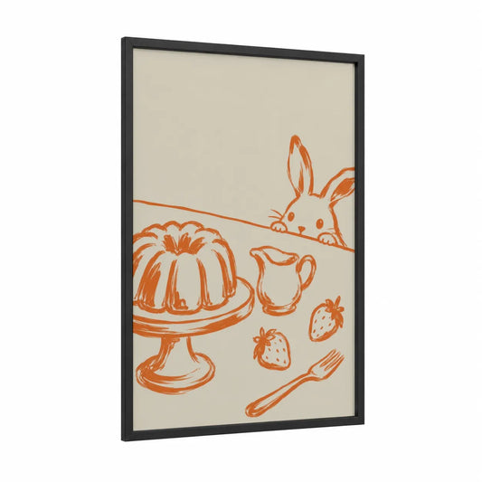 Bundt Cake Bunny Line Art Wall Art framed rabbit print — black wood frame — orange and beige palette