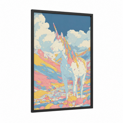 Rainbow Unicorn framed unicorns print — black wood frame — pink and blue palette