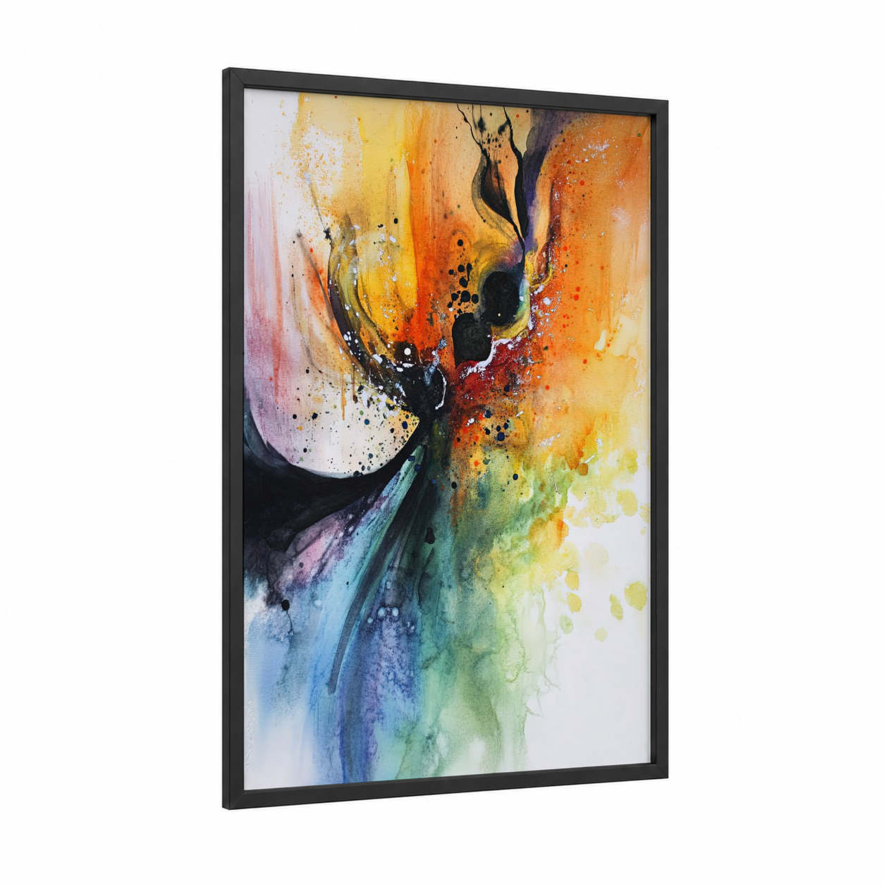 Expressive Bloom framed abstract expressionism print — black wood frame — gold and blue palette