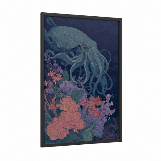 Ethereal Cthulhu framed art print — black wood frame — blue and salmon pink palette