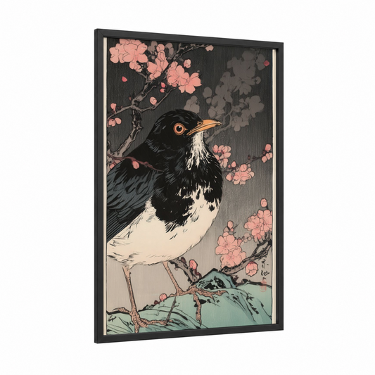 Magpie Thrush Blossom framed art print — black wood frame — black and white and salmon pink palette