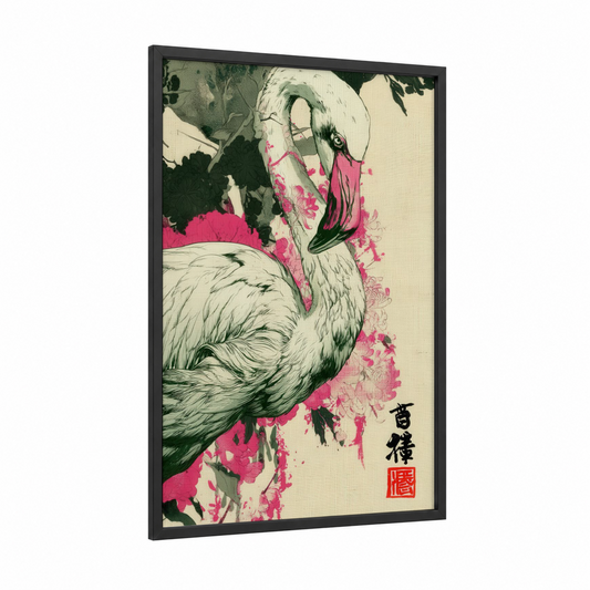 Pink Flamingo framed art print — black wood frame — magenta and black and white palette