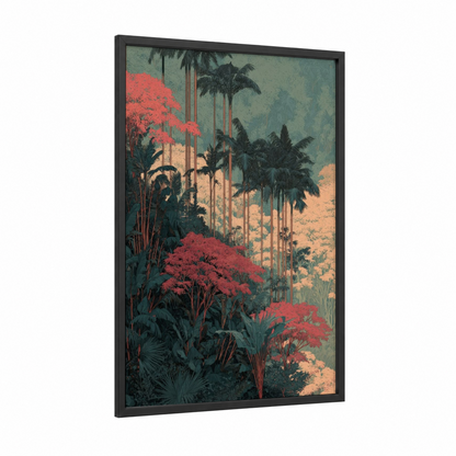 Crimson Jungle Paradise framed tropical trees print — black wood frame — red and dark green palette