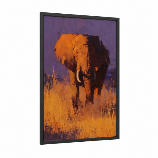 Golden Savanna Elephant framed art print — black wood frame — gold and purple palette