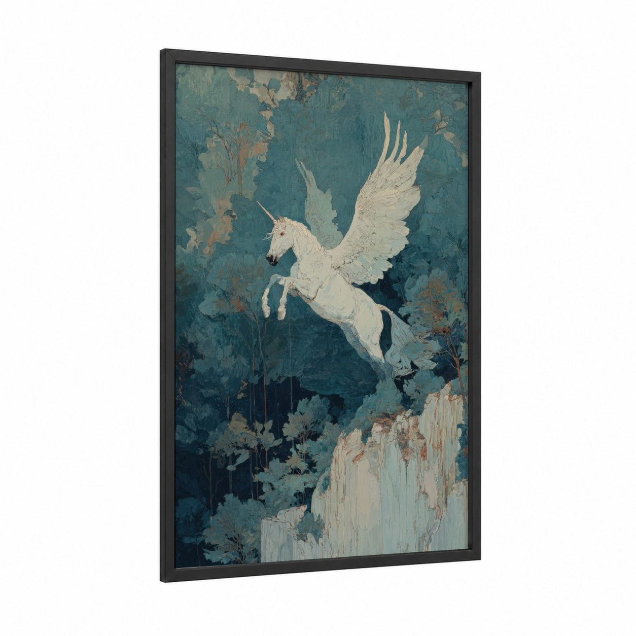 Pegasus Ascending framed horseback print — black wood frame — teal and white palette